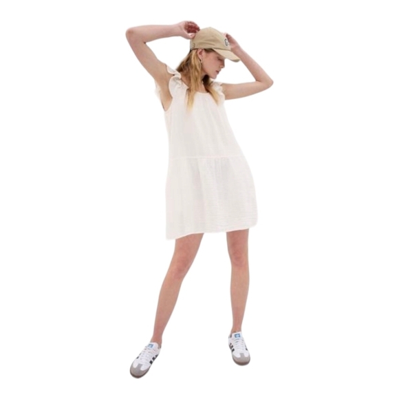 GAP 'New White' Crinkle Gauze Mini Dress Airy Flutter Sleeve Pockets Sz MEDP NWT - Picture 1 of 14
